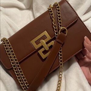 Brown Leather Crossbody Bag with Gold Chain Accent